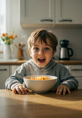 Smiling boy sitting at kitchen table with steaming bowl of hot spaghetti and looking excited