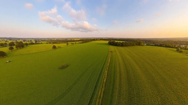 Aerial view of fields in summer evening sunset with beautiful clouds - Equirectangular 360 degree loop video