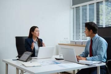 Fototapeta premium Project manager working and update tasks with milestones progress planning and professional investor working new start up project in the office.