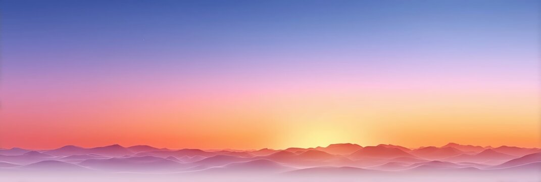 Serene minimalist landscape illustration of sunrise over abstract pastel mountains, soft colors for wellness branding or inspirational content.