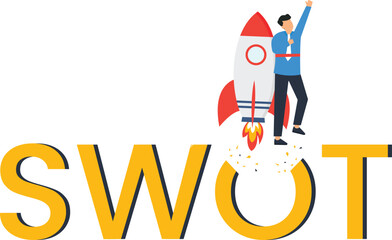 Businessman Launching Rocket Over SWOT Analysis: Strategy, Success, Growth, overcoming challenges, design and bold colors make it highly versatile and easily adaptable to various branding styles.