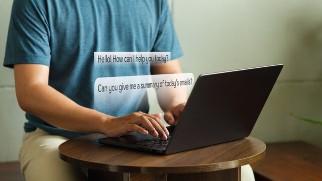Man using AI chatbot on laptop for email summarization and virtual assistance in a modern setting.