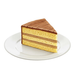 Triangular slice of layered sponge cake with chocolate frosting on a white plate
