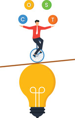 Businessman Juggling COST on Unicycle over Lightbulb: Idea, Balance, Strategy, eye-catching, showcasing concepts of business strategy, risk management, balancing priorities, cost optimization, 