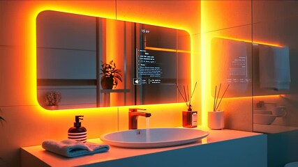 Modern bathroom with illuminated mirror and decor