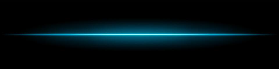 Blue horizontal light beam. Sharp glowing laser line with radiant fade on both sides over dark background. Great for sci-fi, energy visuals, light effects, or futuristic transitions.