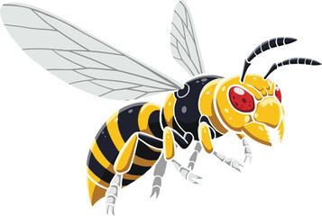 Cartoon Bee Illustration with Vibrant Yellow and Black Stripes, Detailed Wings and Red Eyes
