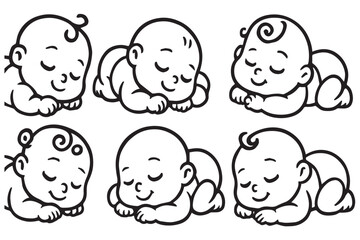 Charming line art of babies resting with joyful expressions, ideal for kids products and sleep related themes, Baby products icon set