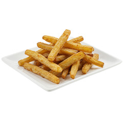 Golden fried sweet potato fries on white square plate