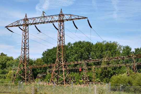 Rusty power transmission structures at old power station in Peenemuende