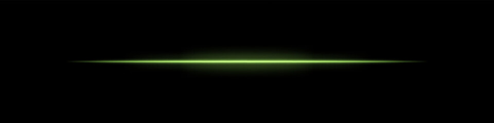 Green horizontal light beam. Bright laser stripe with soft glow and fading edges on dark background. Perfect for sci-fi, transitions, futuristic flares, or abstract light effects.