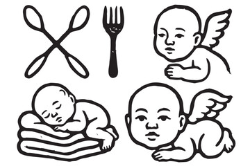 Fertility and baby related icons angel baby, sleeping baby, fork, spoon, and baby face in line art Perfect for parenting and baby products, Baby products icon set