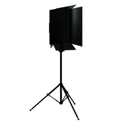 A black square LED panel light, mounted on a thin, adjustable tripod stand, features foldable wings for light diffusion or shaping, ideal for photography or videography