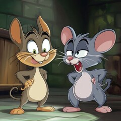 Two cartoon rodents, likely mice or rats, interact in a dimly lit, stone-walled setting.  They are posed as if in conversation, one with a light brown/tan coat, the other a muted greyish-blue