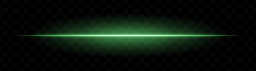 Obraz premium Green horizontal light beam with soft glow and vibrant aura on transparent background. Futuristic laser stripe ideal for energy effects, sci-fi transitions, or glowing overlays.