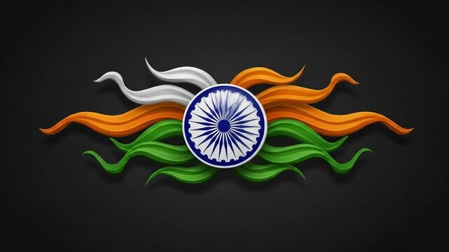 Animated indian tricolor flag design with flowing saffron white and green ribbons and blue chakra symbol on dark background