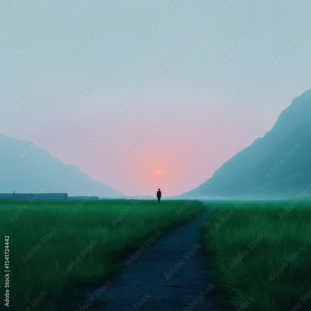 Poster a man is walking in a field with a sunset in the background
