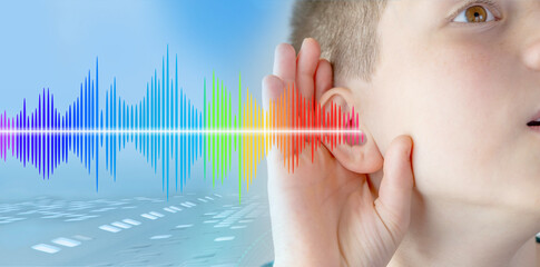 human ear closeup listening, sound wave, acoustics Auditory System, Hearing Test, Cochlear implant,...