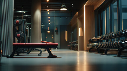 Modern fitness studio with weight benches and dumbbells, minimalist design and clean lines. Focus on strength training in a serene space.
