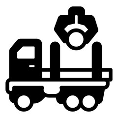 Truck with logs and crane arm solid icon, forest industry concept. Vector graphics. Tree trunks truck vehicle, loading sign on white background, style mobile or design.