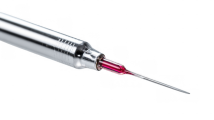 Biopsy needle collecting red liquid biological sample, isolated on transparent background, ideal for medical and healthcare related projects