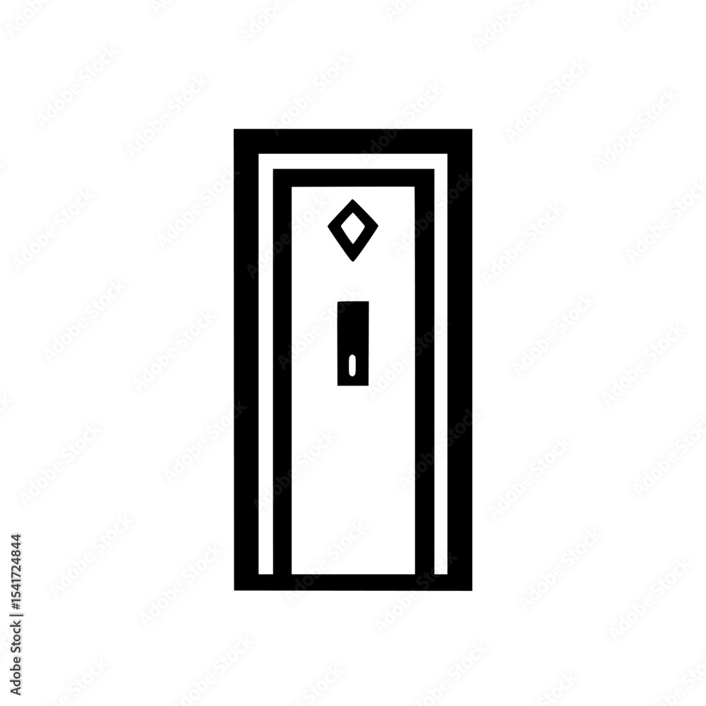 Poster black icon depicting a simple door design with a diamond-shaped window, suitable for various archite