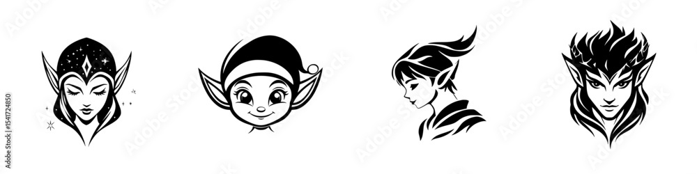 Poster various black icons featuring whimsical elf characters with unique designs and expressive features