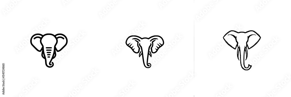 Poster set of three black icons representing elephant heads in different styles and angles for use in desig