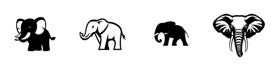 Fototapeta premium Variety of stylized black icons featuring elephants in different poses and styles on a simple white background displaying artistic designs
