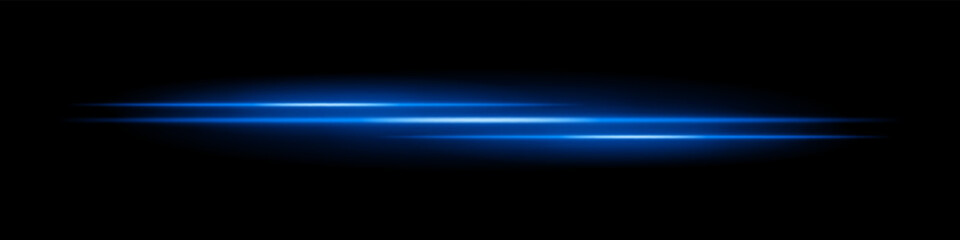 Triple blue light streaks with glowing blur and motion trail on black background. Dynamic horizontal laser beams ideal for speed effects, futuristic HUDs, or sci-fi overlays.
