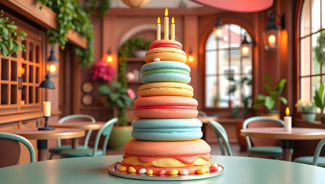 Macaron Cake Stack with Tiny Candles, Parisian Café Theme