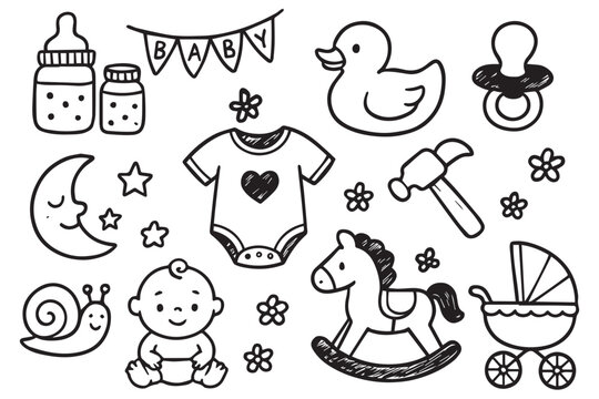 Fun and cute baby shower doodles featuring items like bottles, baby clothes, pacifier, stars, and rocking horse, ideal for baby shower celebrations, Baby shower doodles set