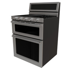 stainless-steel freestanding range featuring a gas cooktop with five burners, and a double oven...