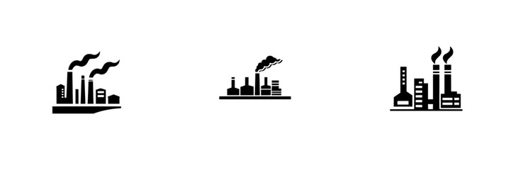 Obraz premium Set of black industrial factory icons showcasing various factory structures and smoke emissions in a minimalist design