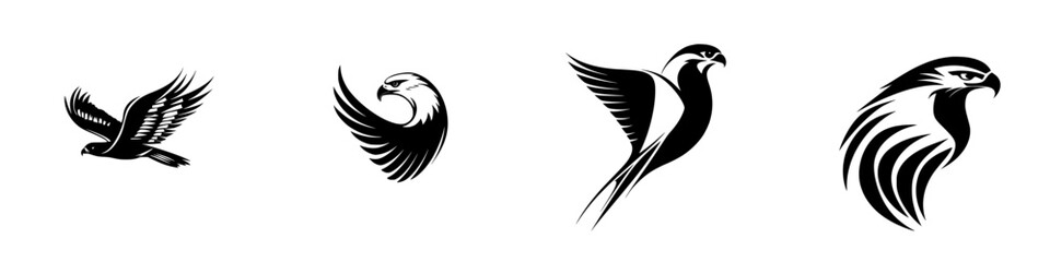 Obraz premium Black icons of birds in flight showcasing various styles of avian design and silhouette representation for graphic use in creative projects