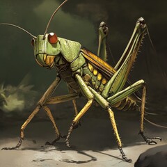 Detailed illustration of a large, segmented grasshopper.  Green and yellow insect with prominent, articulated legs and antennae.  Red eyes.  Dark background.  Realistic style
