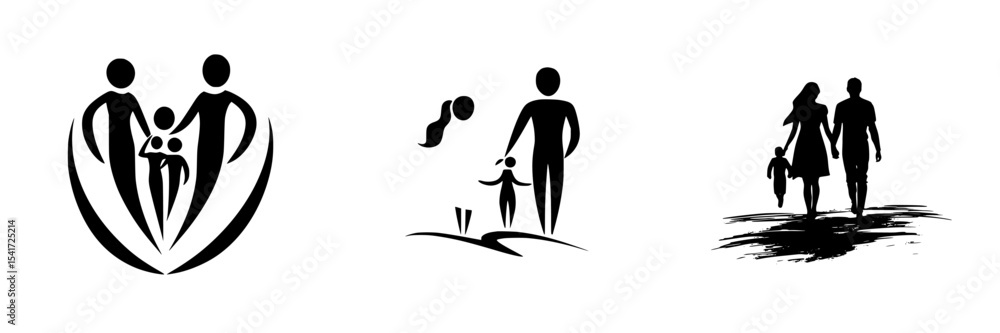 Poster set of black icons representing family and relationships for various uses in design and communicatio