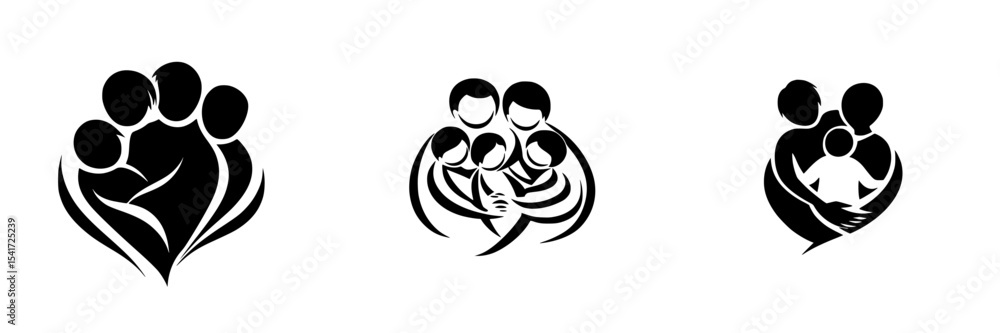 Poster set of three black icons representing family unity, love, and togetherness in various forms for use 