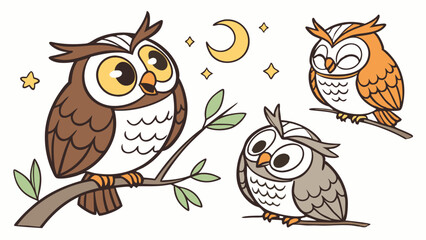 A charming vector collection of expressive cartoon owls with unique colors and poses. Perfect for stickers, kids? designs, and woodland themes.