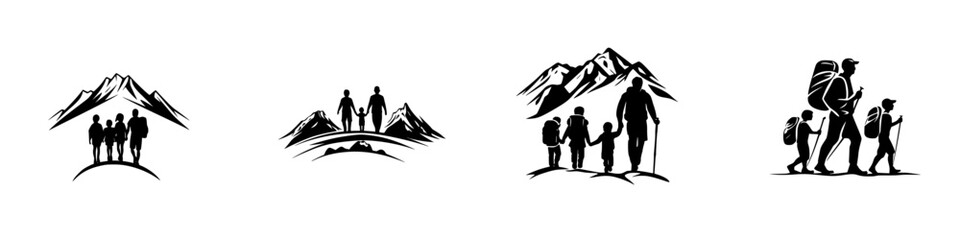 Hiking and exploring nature in black icon illustrations depicting families enjoying mountain adventures
