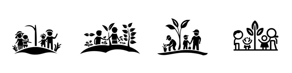 Black icons representing family activities in nature and community gardening, showcasing unity and connection with the environment