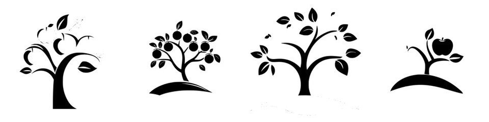 Set of black icons depicting trees in various styles representing growth and nature