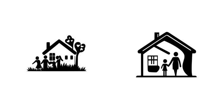 Black icons representing family life and home environments with nature and nurturing themes