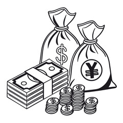 Illustrative Depiction of Global Finance A Collection of International Currency Symbols and Money Representations in Black and White