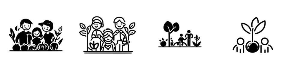 Icons representing family gardening activities and nature appreciation in various community settings