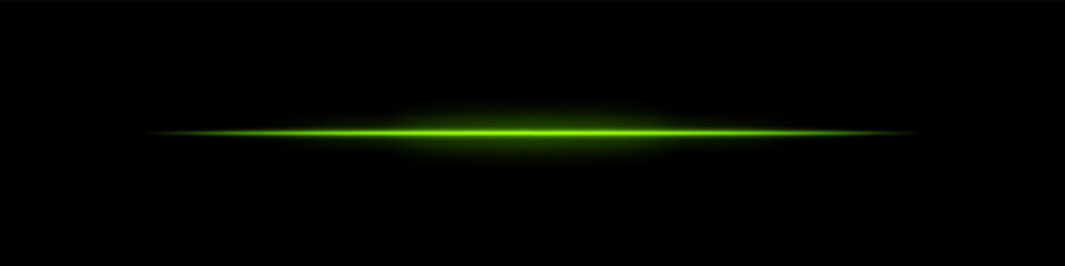 Green horizontal light beam. Bright laser stripe with soft glow and fading edges on dark background. Perfect for sci-fi, transitions, futuristic flares, or abstract light effects.