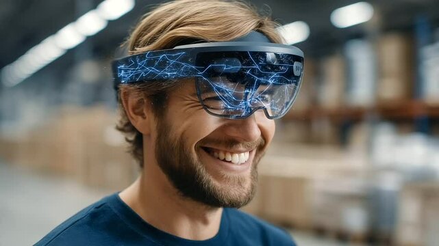 "Enhancing warehouse logistics with AR headset navigation and spatial computing technology."