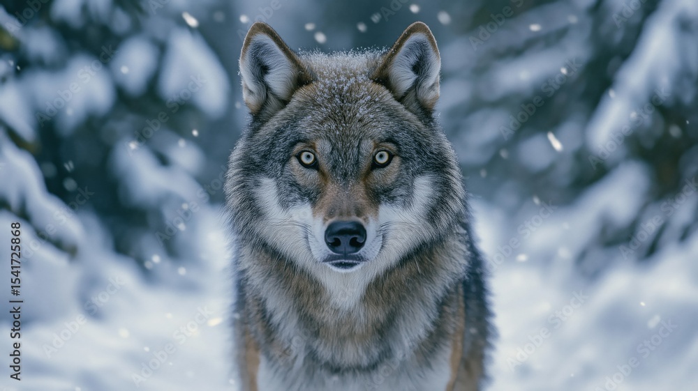 Poster A wolf stands in a snowy forest, its keen gaze sharp against the falling snow.