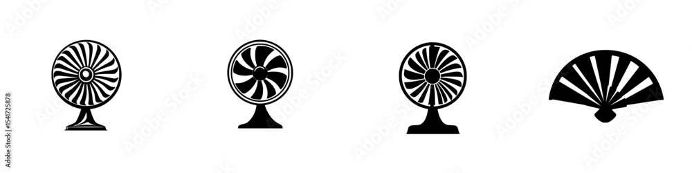 Poster set of black icons depicting various fan types and designs showcasing versatility and style for digi