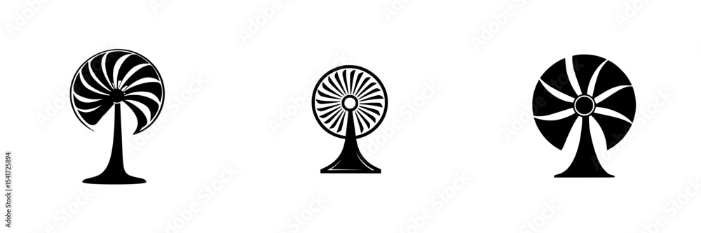 Poster set of black icons depicting various fan designs suitable for digital and print applications